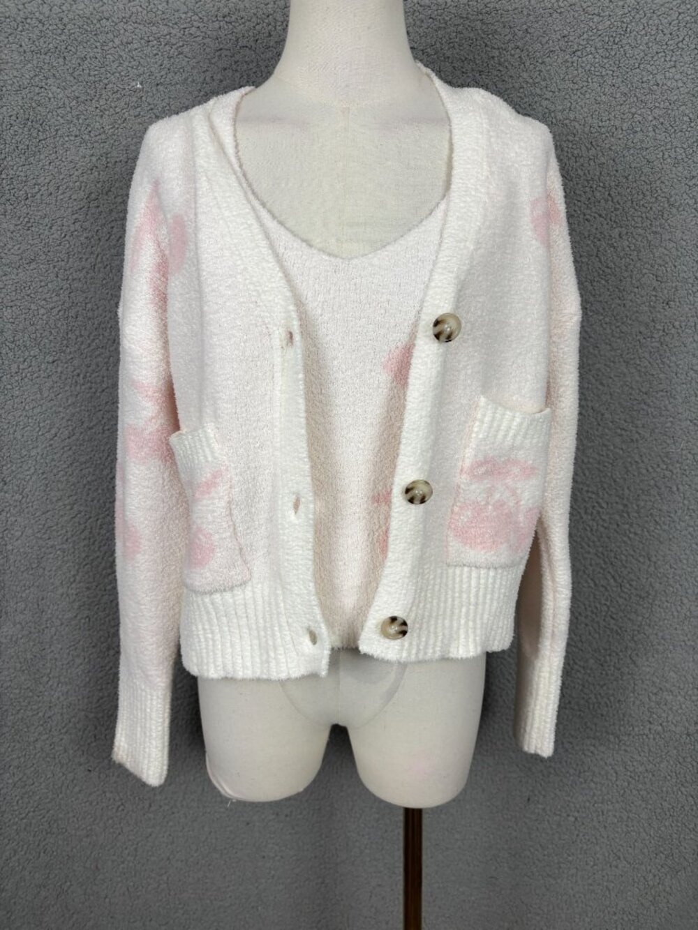 Hippie Rose Juniors Lg Pink & White Cream Cherry Print Sweater & Cardigan NWT's.